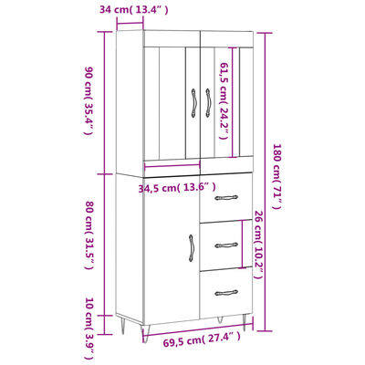 vidaXL Visoka komoda siva sonoma 69,5x34x180 cm inženirski les