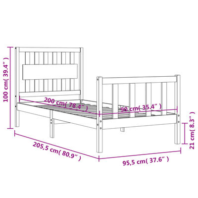 vidaXL Posteljni okvir brez vzmetnice bel 90x200 cm trdna borovina