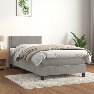 vidaXL Box spring postelja z vzmetnico svetlo siva 90x200 cm žamet