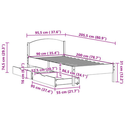 vidaXL Posteljni okvir brez vzmetnice bel 90x200 cm trdna borovina