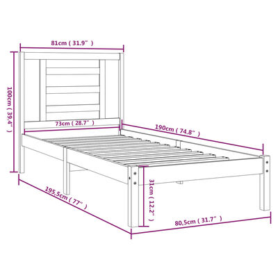 vidaXL Posteljni okvir bel iz trdnega lesa 75x190 cm