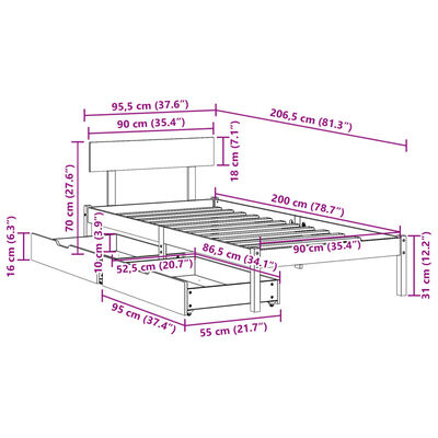 vidaXL Posteljni okvir brez vzmetnice bel 90x200 cm trdna borovina