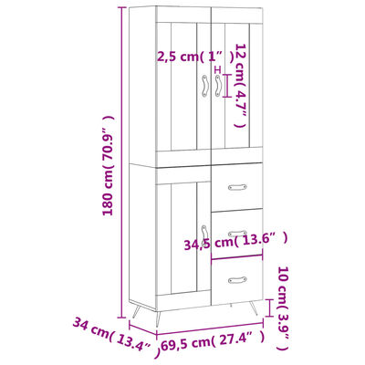 vidaXL Visoka komoda črna 69,5x34x180 cm inženirski les