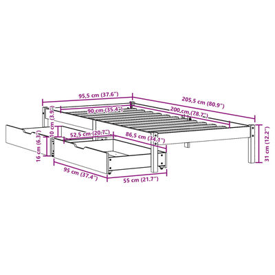 vidaXL Posteljni okvir brez vzmetnice bel 90x200 cm trdna borovina