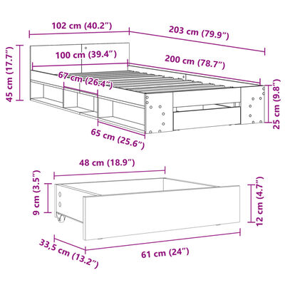 vidaXL Posteljni okvir s predalom siva sonoma 100x200 cm inž. les