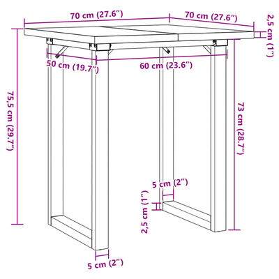 vidaXL Jedilna miza O okvir 70x70x75,5 cm trdna borovina lito železo