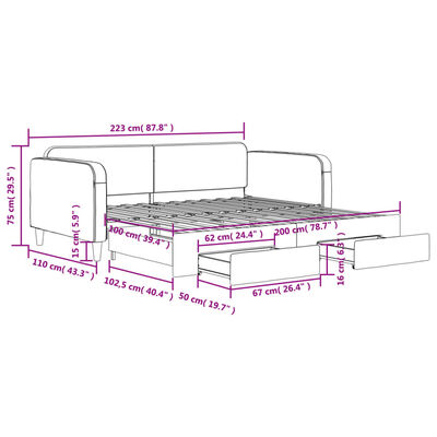 vidaXL Izvlečna dnevna postelja s predali črna 100x200 cm blago