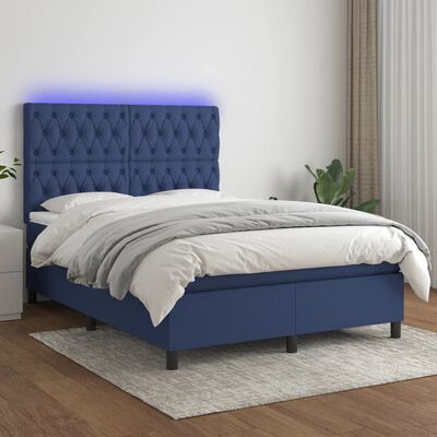 vidaXL Box spring postelja z vzmetnico LED modra 140x190 cm blago