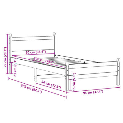 vidaXL Posteljni okvir brez vzmetnice bel 90x200 cm trdna borovina