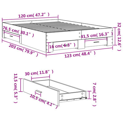 vidaXL Posteljni okvir s predali siva sonoma 120x200 cm inženirski les