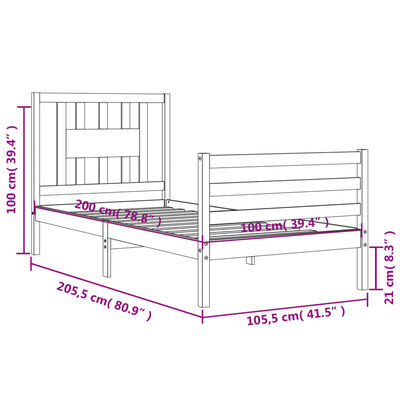 vidaXL Posteljni okvir z vzglavjem črn 100x200 cm trden les