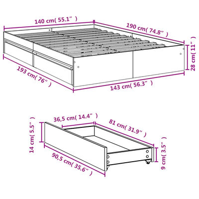 vidaXL Posteljni okvir s predali sonoma hrast 140x190cm inženirski les