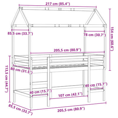 vidaXL Posteljni okvir z lestvijo in streho 80x200 cm borovina