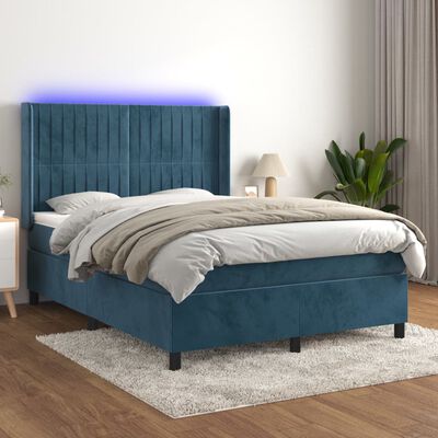 vidaXL Box spring postelja z vzmetnico LED temno modra 140x200cm žamet