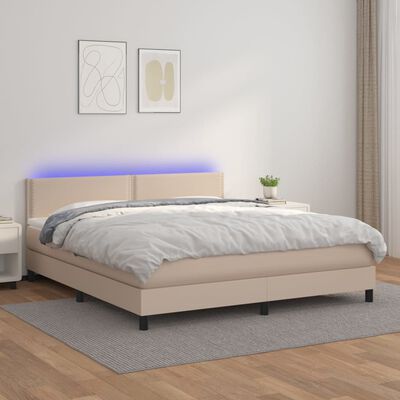 vidaXL Box spring postelja vzmetnico LED kapučino 180x200 cm um. usnje