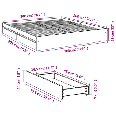 vidaXL Posteljni okvir s predali bel 200x200 cm inženirski les