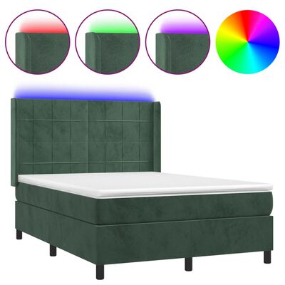 vidaXL Box spring postelja z vzmetnico LED tem. zelena 140x190cm žamet