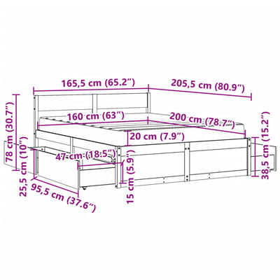 vidaXL Postelja s predali in vzmetnico bela 160x200 cm trdna borovina