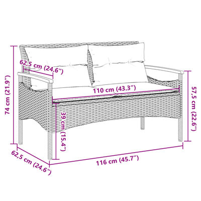 vidaXL Vrtna klop z blazinami 116x62,5x74 cm črn poli ratan