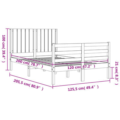 vidaXL Posteljni okvir z vzglavjem črn 120x200 cm trdna borovina