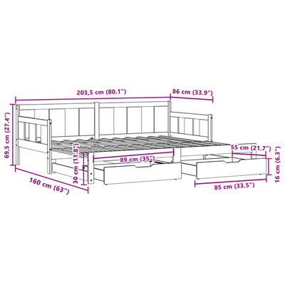 vidaXL Izvlečna dnevna postelja s predali 80x200 cm trdna borovina