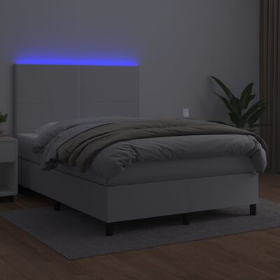 vidaXL Box spring postelja z vzmetnico LED bela 140x190cm umetno usnje