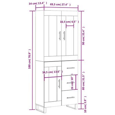 vidaXL Visoka komoda rjav hrast 69,5x34x180 cm inženirski les