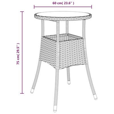 vidaXL Vrtna miza Ø60x75 cm kaljeno steklo in poli ratan črna