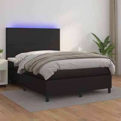 vidaXL Box spring postelja z vzmetnico LED črna 140x200 cm um. usnje