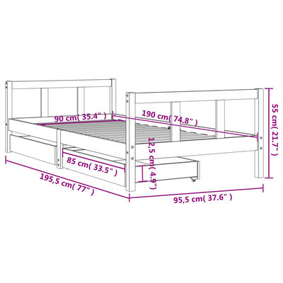 vidaXL Otroški posteljni okvir s predali 90x190 cm trdna borovina