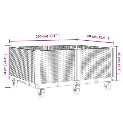 vidaXL Cvetlično korito s kolesi sivo 100x80x54 cm PP