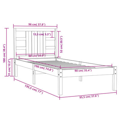 vidaXL Posteljni okvir bel iz trdnega lesa 90x190 cm