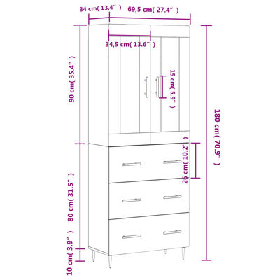 vidaXL Visoka komoda siva sonoma 69,5x34x180 cm inženirski les