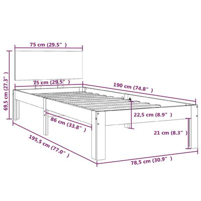 vidaXL Posteljni okvir trden les 75x190 cm