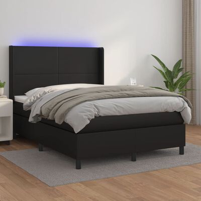 vidaXL Box spring postelja z vzmetnico LED črna 140x200cm umetno usnje