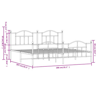 vidaXL Kovinski posteljni okvir z vzglavjem in vznožjem bel 200x200 cm