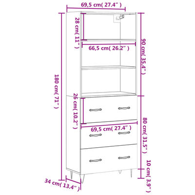 vidaXL Visoka komoda rjav hrast 69,5x34x180 cm inženirski les