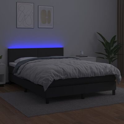 vidaXL Box spring postelja z vzmetnico LED črna 140x200 cm um. usnje