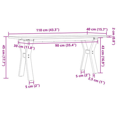 vidaXL Klubska mizica Y okvir 110x40x45 cm trdna borovina lito železo