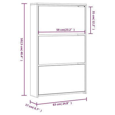 vidaXL Omarica za čevlje z ogledalom 3-nadstropna hrast 63x17x102,5 cm