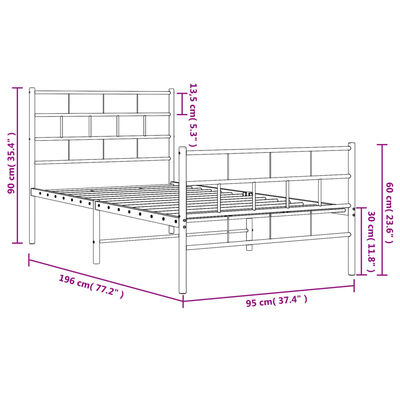 vidaXL Kovinski posteljni okvir z vzglavjem in vznožjem bel 90x190 cm