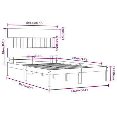 vidaXL Posteljni okvir črn iz trdnega lesa 135x190 cm