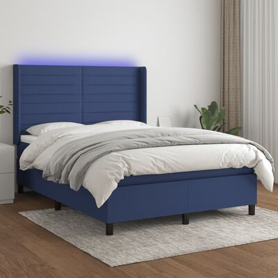 vidaXL Box spring postelja z vzmetnico LED modra 140x200 cm blago