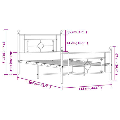 vidaXL Kovinski posteljni okvir z vzglavjem in vznožjem bel 107x203 cm