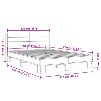 vidaXL Posteljni okvir siva sonoma 120x200 cm inž. les in kovina