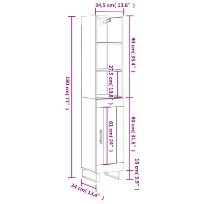 vidaXL Visoka omara bela 34,5x34x180 cm inženirski les