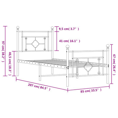 vidaXL Kovinski posteljni okvir z vzglavjem in vznožjem črn 80x200 cm