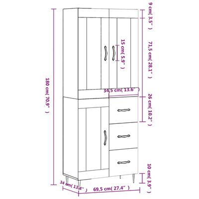 vidaXL Visoka komoda betonsko siva 69,5x34x180 cm inženirski les