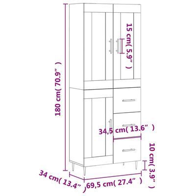 vidaXL Visoka komoda dimljen hrast 69,5x34x180 cm inženirski les