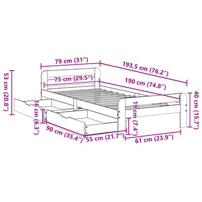 vidaXL Posteljni okvir brez vzmetnice 75x190 cm trdna borovina